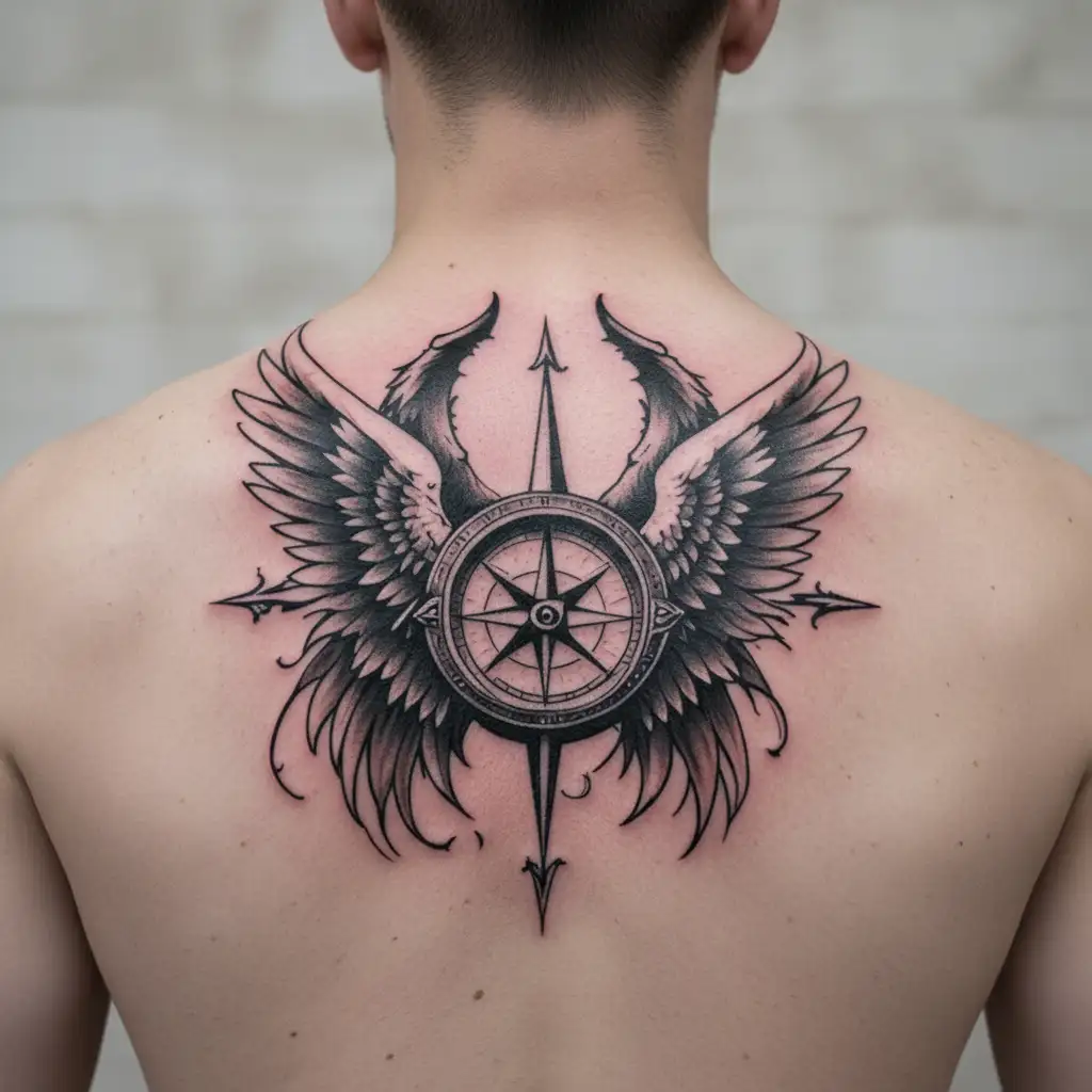 compass half demon angel wings tattoo design idea