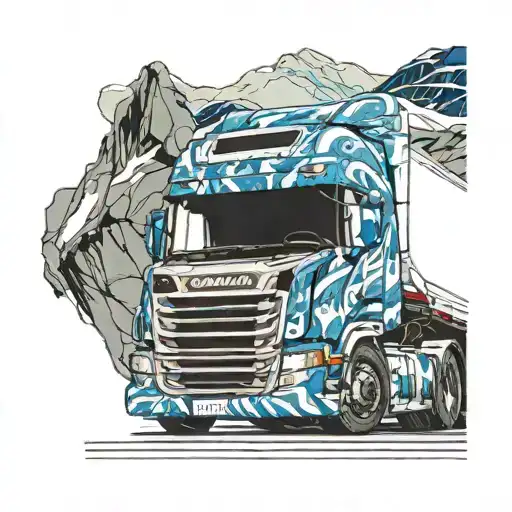 A massive Scania truck, painted in vibrant shades of blue and white, rumbles along a winding road in northern Norway. Th tattoo design idea