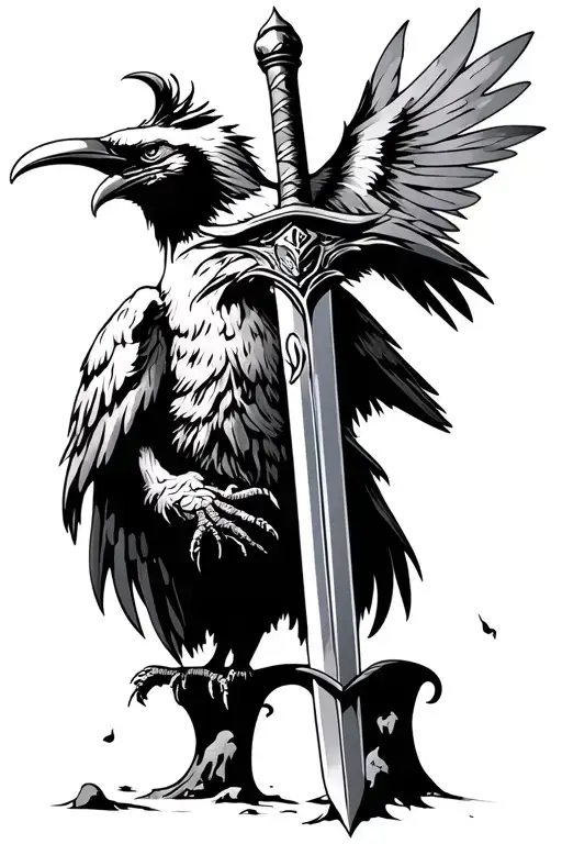 long sword stuck in ground raven perched on handle tattoo design idea