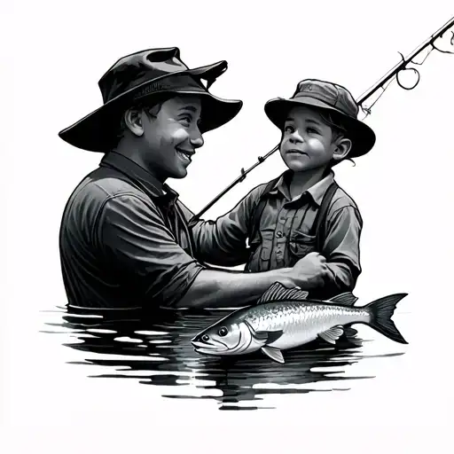 father and son fishing grayling tattoo design idea