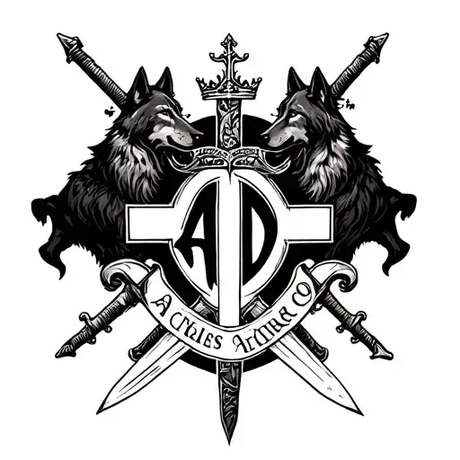 cross with crown and philography and swords and banners saying AJD with wolves tattoo design idea