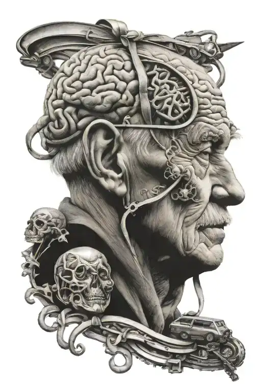 grandpa in a garage and brain and lung cancer ribbon tattoo design idea
