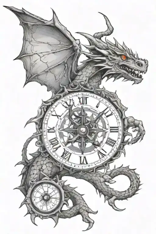 dragon with time compass tattoo design idea