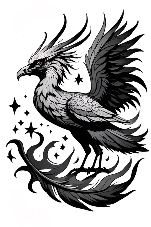 Phoenix and delicate feather symbol and flame and stars tattoo design idea