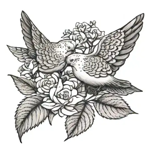 1 hydrangea flower with stem and leaves above 2 turtle doves fine line tattoo design idea
