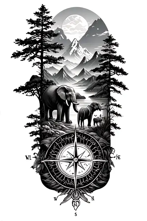 half sleeve tattoo featuring landscapes, mountains, elephants and compass tattoo design idea