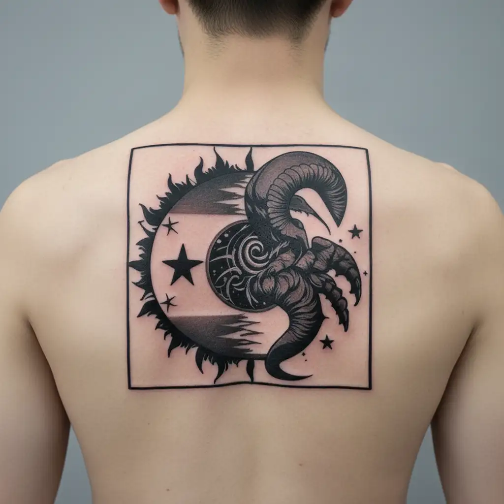 Create a cool tattoo art showing a Gay Philippines (Flag, Map) with Aries sun, moon in Scorpio, Cancer rising signs tattoo design idea