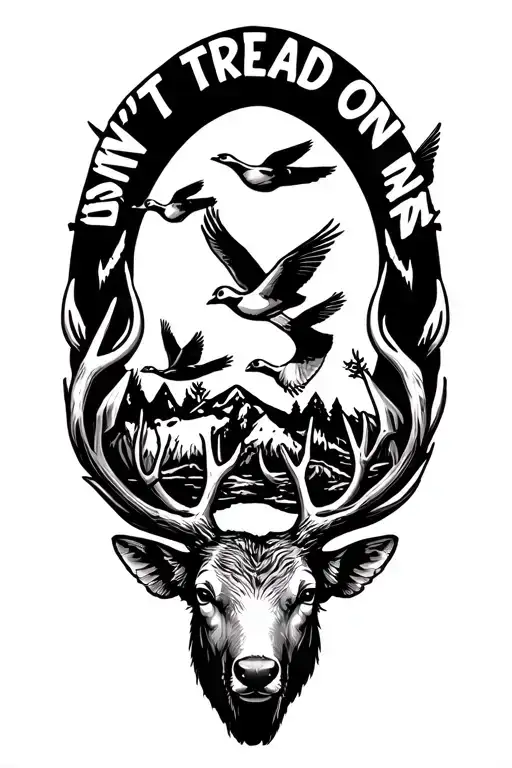 bull elk and mule deer with ducks flying and "don't tread on me" tattoo design idea