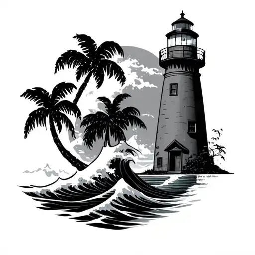 lighthouse traditional style but thinner line black and grey, with a japanese wave in one side and palm trees on  other tattoo design idea