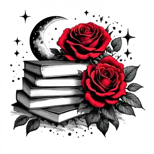 Generate me a tattoo with a dark romance vibe dark red roses stars moons and a stack of books make it  tattoo design idea