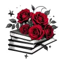 Generate me a tattoo with a dark romance vibe dark red roses stars moons and a stack of books make it  tattoo design idea