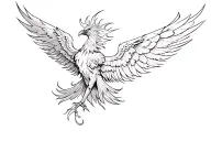Phoenix tattoo design on upper back, large and detailed. The phoenix rises with wings stretched upwards, full of flames  tattoo design idea