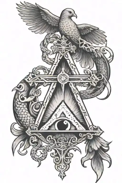 (cross with a snake entwined around it), (all-seeing eye in the top right corner), (doves perched on the top left side), tattoo design idea