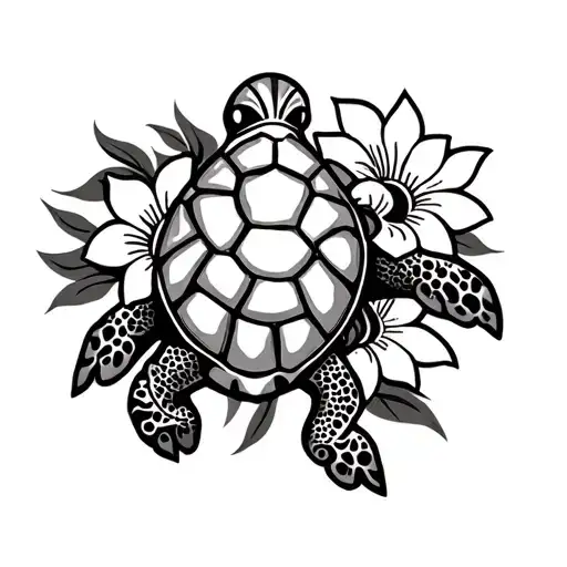 Hawaiian tribal patter tattoo with turtle and flowers  tattoo design idea