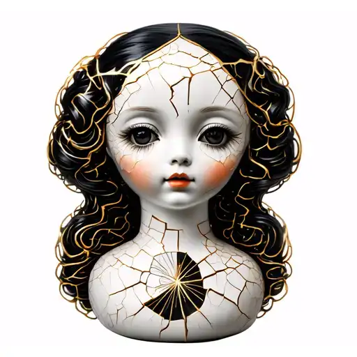1. Cracked Porcelain Doll (with Gold Fill – Kintsugi Style)Symbolism: Inspired by kintsugi, the Japanese art of repairi tattoo design idea