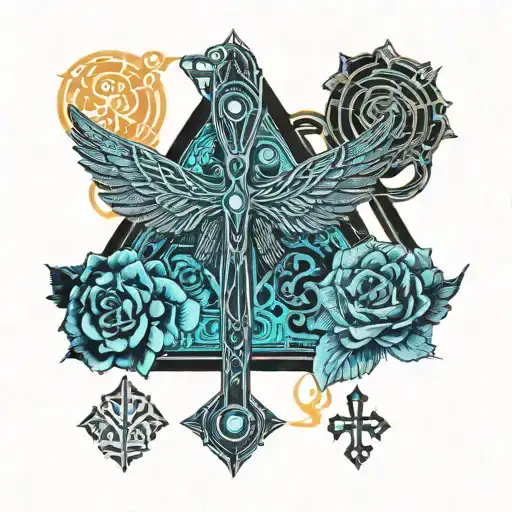 ankh feathers roses tattoo design idea