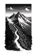 A detailed mountain landscape with a winding hiking trail leading up to a summit, incorporating elements of blackwork style tattoo design idea