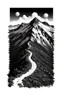 A detailed mountain landscape with a winding hiking trail leading up to a summit, incorporating elements of blackwork style tattoo design idea