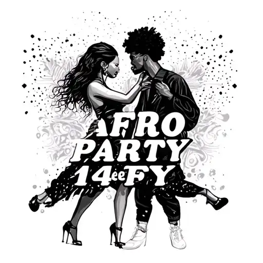 "AFRO PARTY 14 FEB" black and white couple dancing hip hop dancer tattoo design idea