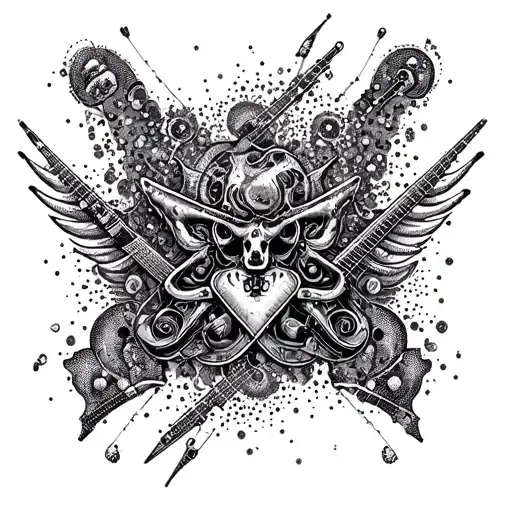 An abstract design combining elements of sex, drugs, and rock & roll in a psychedelic pattern tattoo design idea