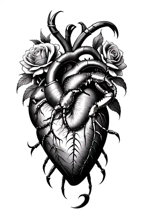 heart with scorpions and a lion and a crab surrounded by roses tattoo design idea