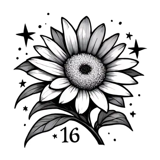 minimalist tattoo of an aster flower with stars and the number 16 hidden in the design drawn with thin lines tattoo design idea
