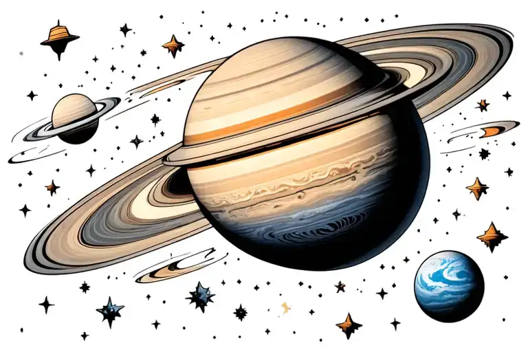 Saturn in space with Uranus surrounded by stars tattoo design idea