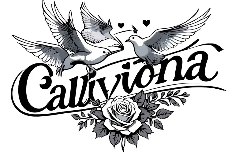 The  Name Calviona With Flying  Doves with Roses & hearts  tattoo design idea