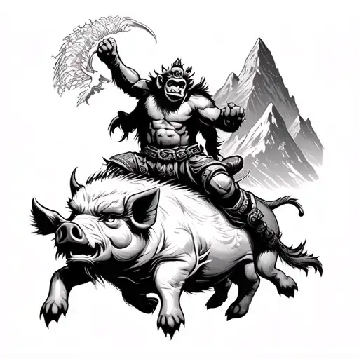 an angry monkey king riding a warrior pig for shoulder tattoo black and white with mountain background tattoo design idea