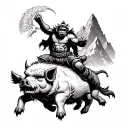 an angry monkey king riding a warrior pig for shoulder tattoo black and white with mountain background tattoo design idea