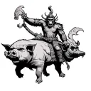 an angry monkey king riding a warrior pig for shoulder tattoo black and white with mountain background tattoo design idea