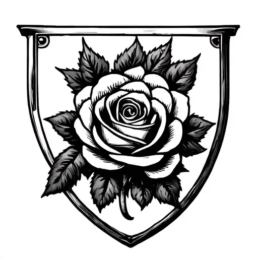 black traditional rose in a heraldic shield tattoo design idea