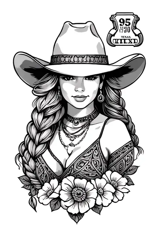 Leather tooled,Tooled flowers, cowgirl with braided hair, Idaho, Texas, horseshoe, paisley, cow tag #95, tattoo design idea