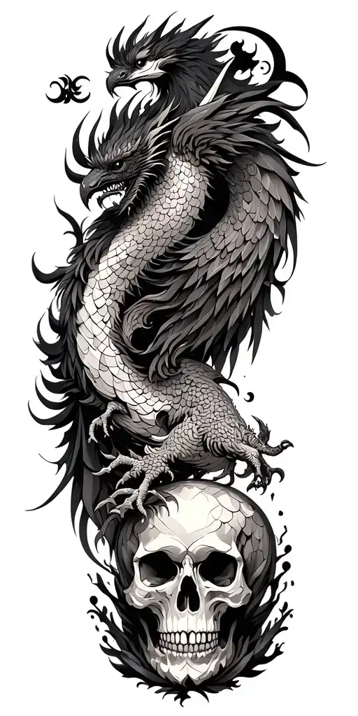 Chinese dragon and phoenix and skull and moon and raven tattoo design idea