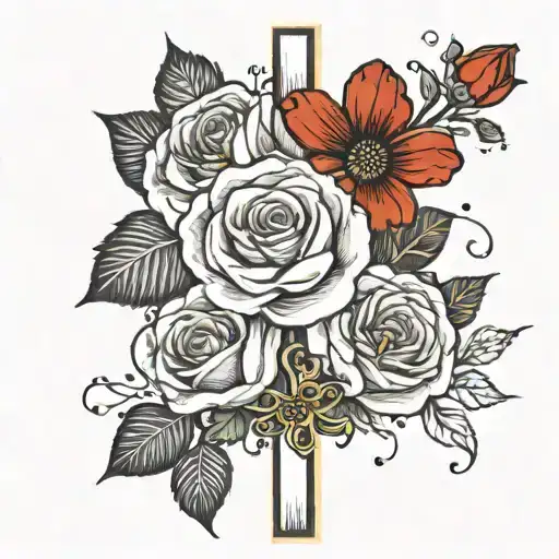 a cross tattoo with a yellow rose and a red poppy with little black poppy seeds on top of the cross  tattoo design idea