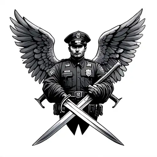 military guardian angel, crossed swords in baghdad, Police Officer tattoo design idea