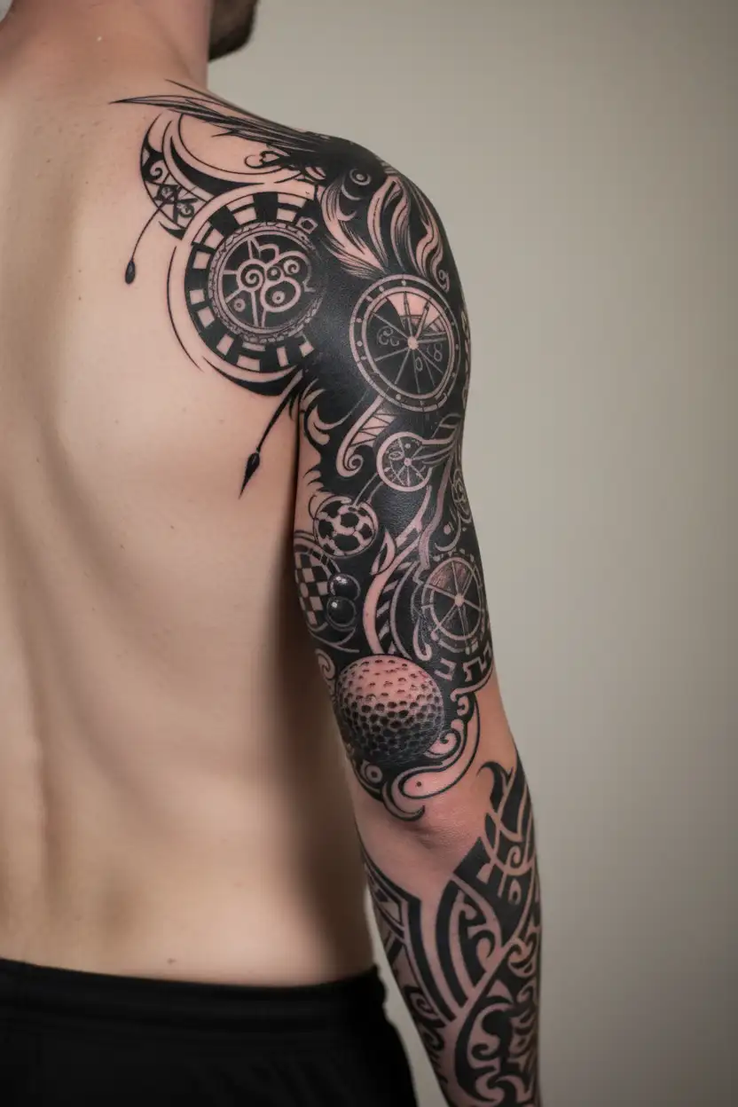 full left sleeve, with: “time is precious”, golf, NFFC, biomedical science research, hiking, powerlifting, gladiators. tattoo design idea