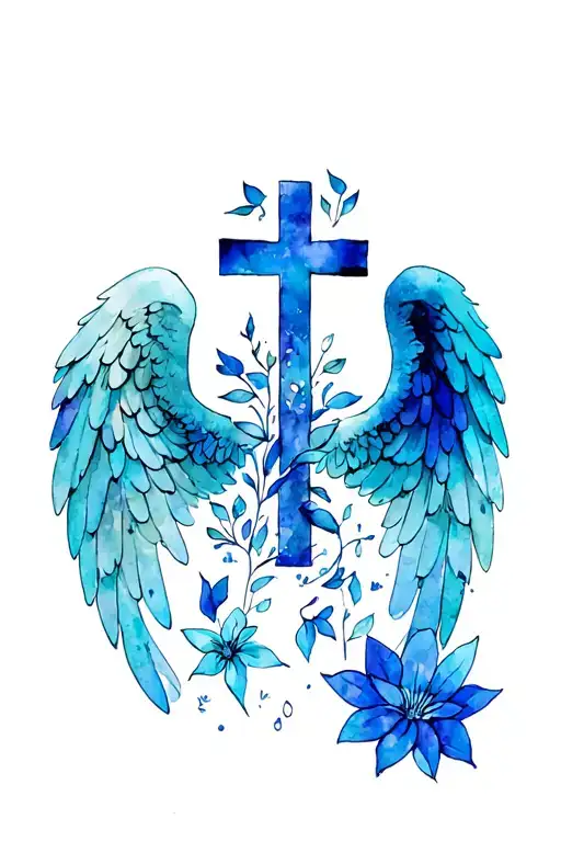 angel wings, uk flag, cross, some flowers with leaving petals- Japanese style tattoo design idea