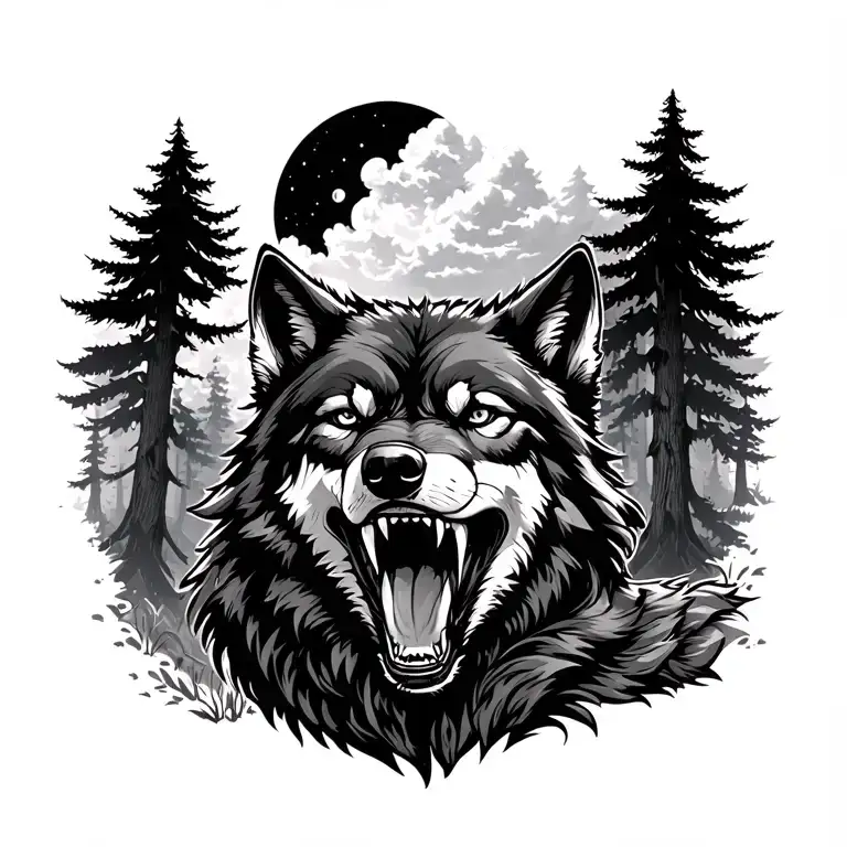 black wolf faace snarling at you in a forest with a moon at the top with some clouds  tattoo design idea