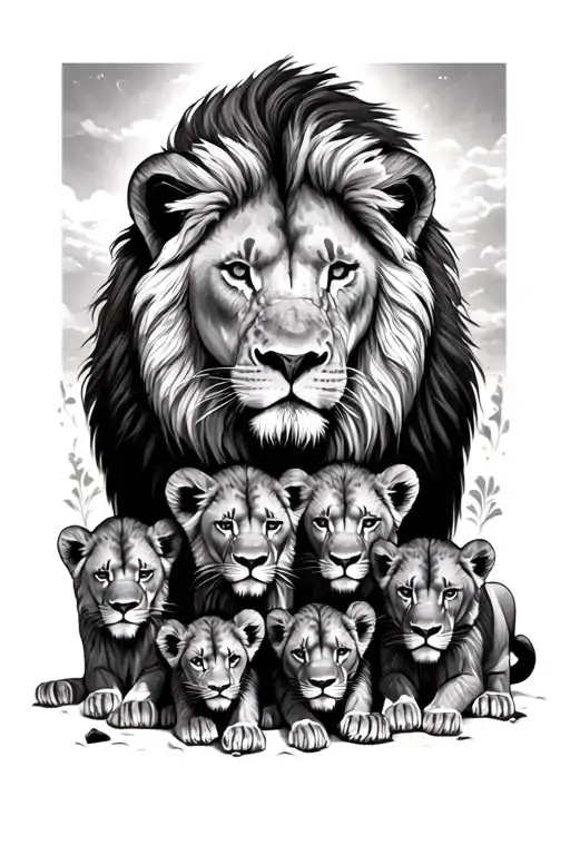 lion and lioness protecting 6 cubs surrounded tattoo design idea