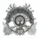 Draw a tattoo/ company logo combining Nordic tree of life; viking compass, the helm of awe,the dara knot, and berserker tattoo design idea