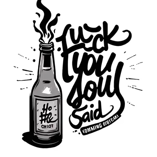 molotov cocktail bottle with words fuck you he said coming from the wick in simple cursive font. tattoo design idea