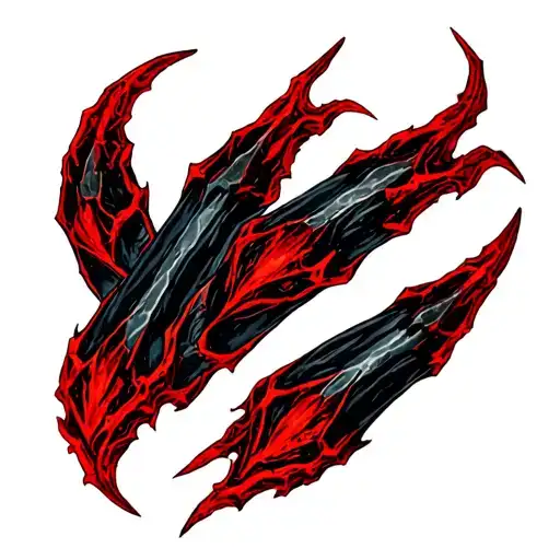 A dark, mystical tattoo design for upper back: three realistic diagonal claw marks in deep crimson red, textured like op tattoo design idea