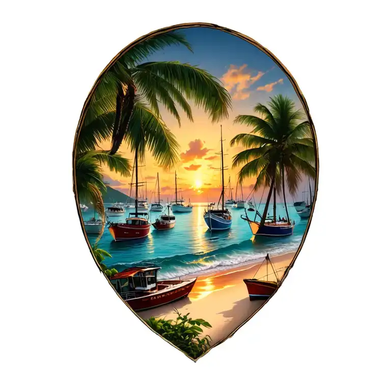 Sunset, Coco Beach & its Bay, Costa Rica, dozens of various size fishing + leisure boats anchored in distance in the Bay tattoo design idea
