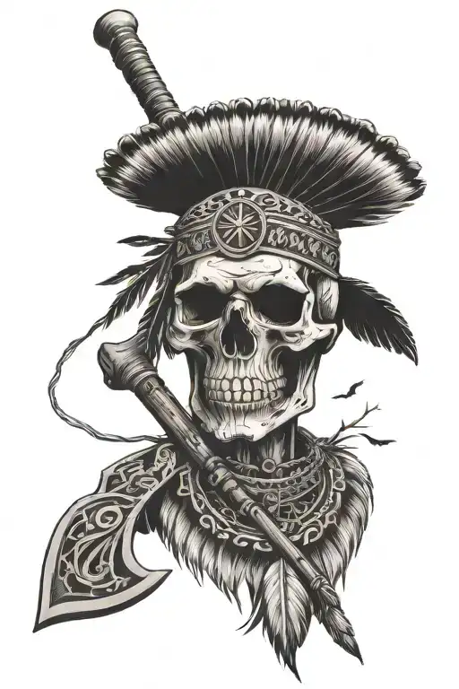 native american skull holding a native american ax, with 3 birds flying around, one bird carrying a totemchain in beak tattoo design idea