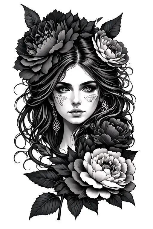 peonies, celtic warrior, woman, open eyes, strong, resiliant tattoo design idea