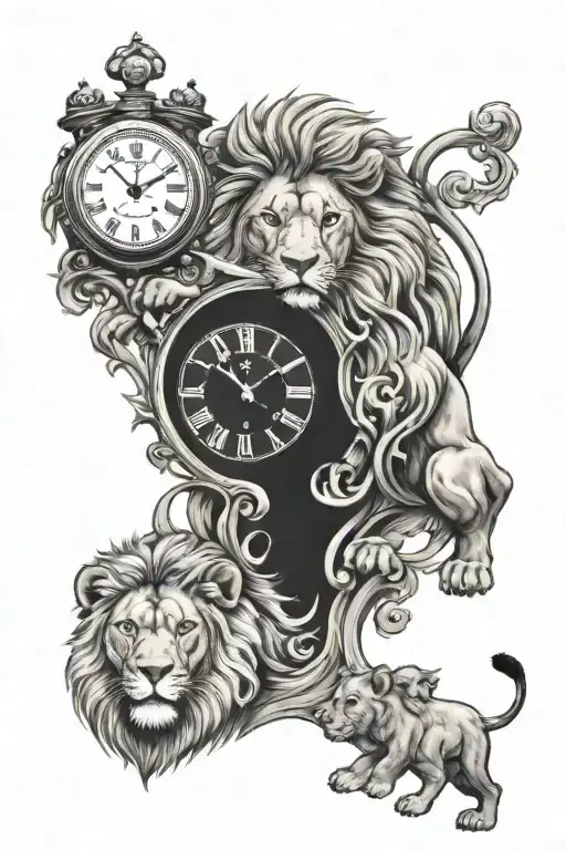 lion and two cubs and clock melting tattoo design idea