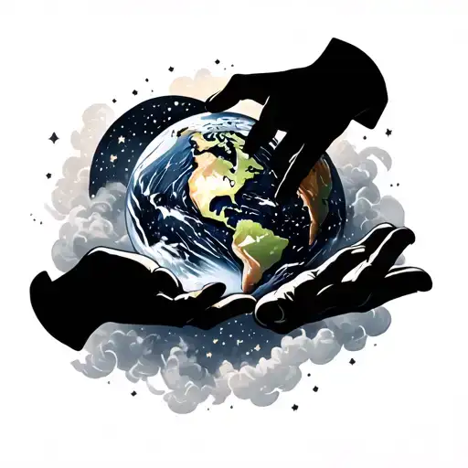 Hands holding onto the earth with clouds underneath the hands with stars around the earth tattoo design idea