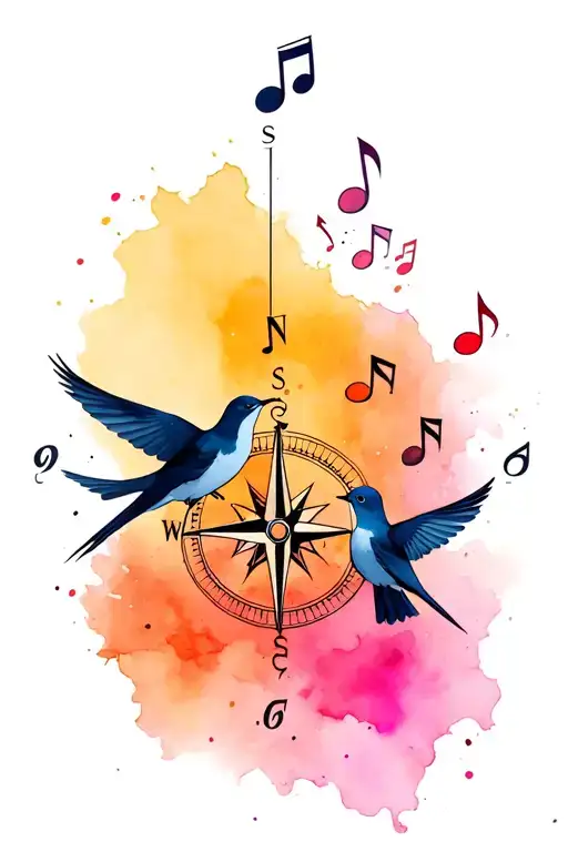 3 birds music notes compass tattoo design idea