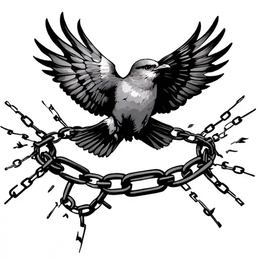 A tattoo design where chains are broken, and as they break, birds fly away, symbolizing freedom. tattoo design idea
